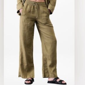 NWT Athleta Retreat Linen Olive Green Wide Leg Drawstring Pants Sz MED